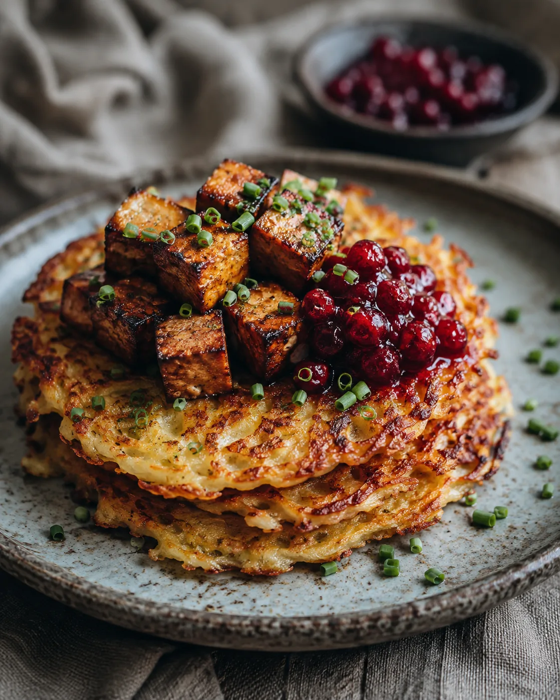 Frasiga veganska raggmunkar med rökig tofu